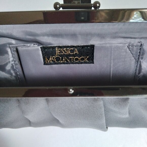 'Blaire' Slate Grey Satin & Gunmetal Silver Shoulder Strap Frame Clutch Bag - Picture 2 of 10